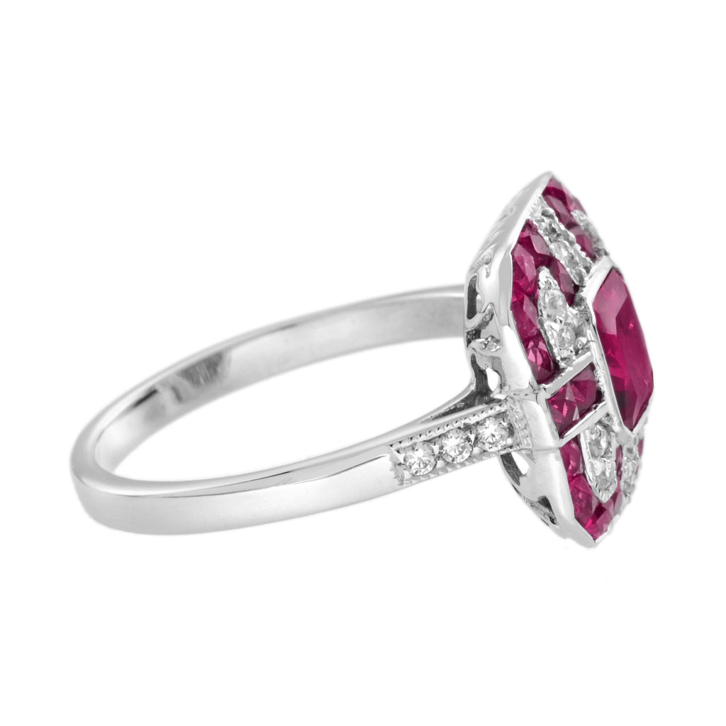 Red Pink Ruby & Diamond Art Deco Style Octagon 14K White Gold Ring