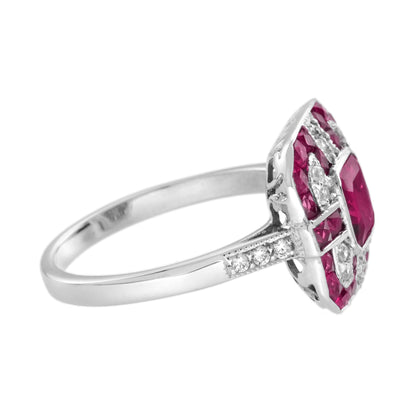 Red Pink Ruby &amp; Diamond Art Deco Style Octagon 14K White Gold Ring