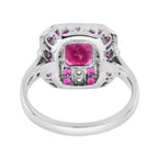 Red Pink Ruby & Diamond Art Deco Style Octagon 14K White Gold Ring