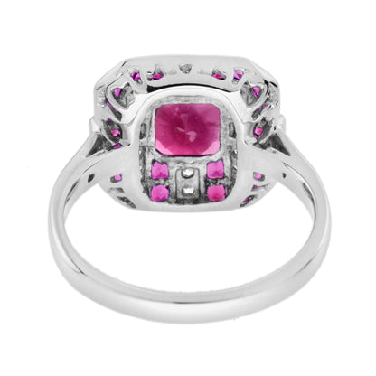 Red Pink Ruby &amp; Diamond Art Deco Style Octagon 14K White Gold Ring