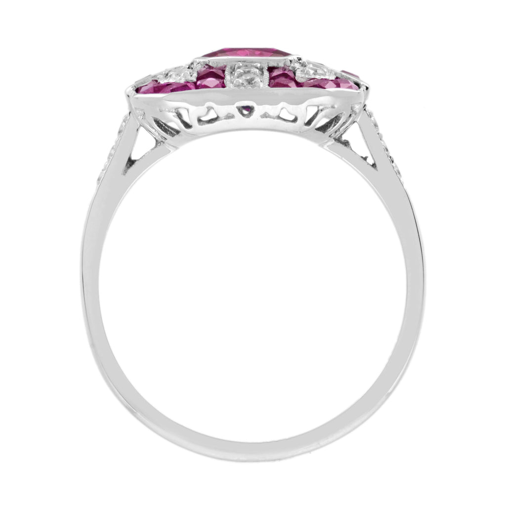Red Pink Ruby & Diamond Art Deco Style Octagon 14K White Gold Ring