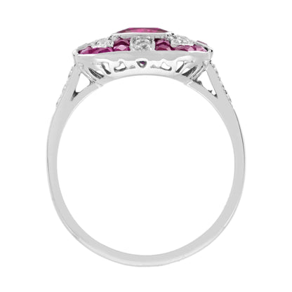 Red Pink Ruby &amp; Diamond Art Deco Style Octagon 14K White Gold Ring