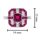 Red Pink Ruby & Diamond Art Deco Style Octagon 14K White Gold Ring