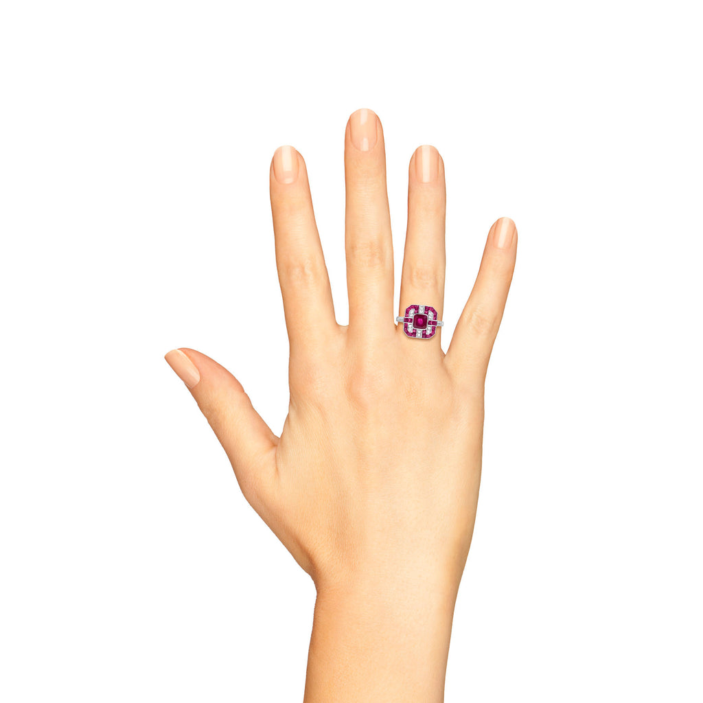 Red Pink Ruby & Diamond Art Deco Style Octagon 14K White Gold Ring