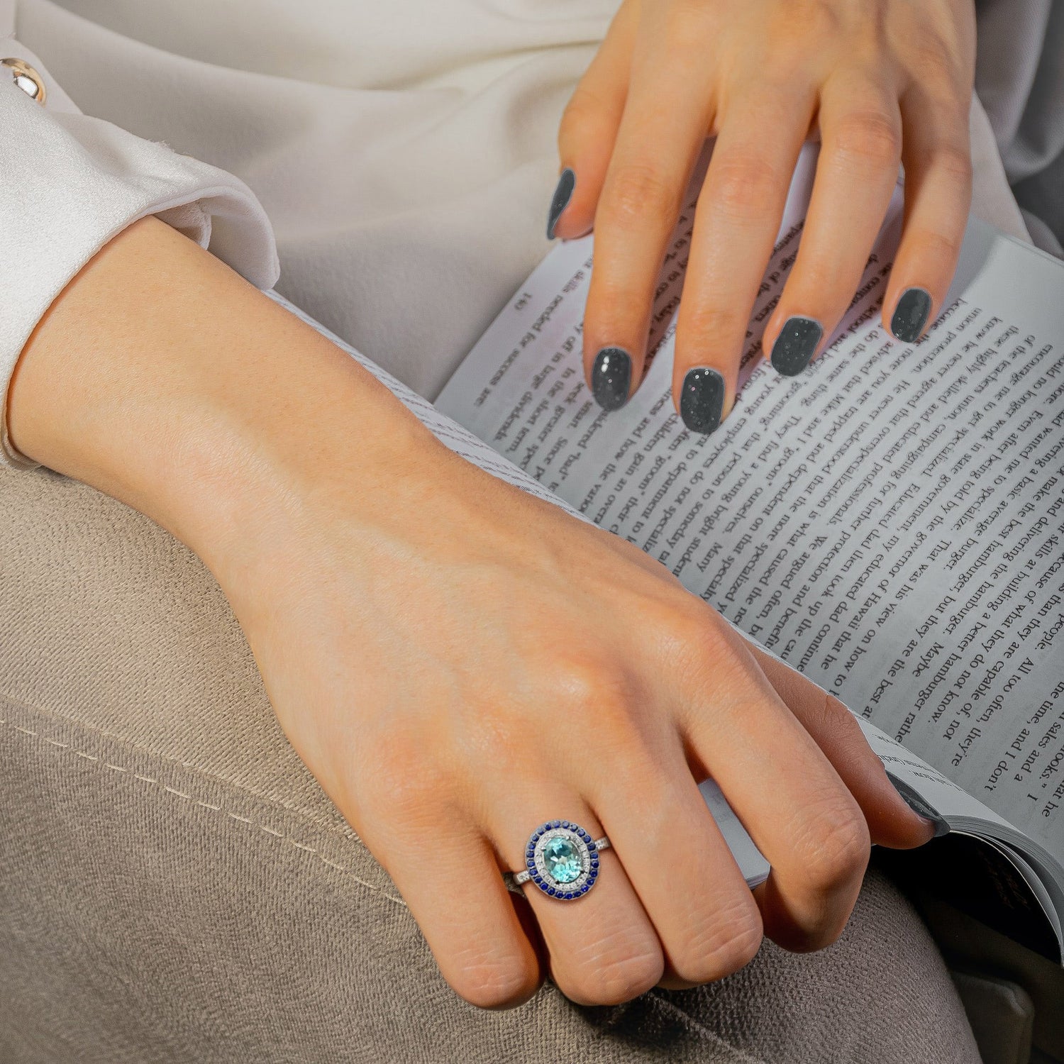 Art Deco Style Oval Blue Topaz Blue Sapphire Diamond Double Halo White Gold Ring