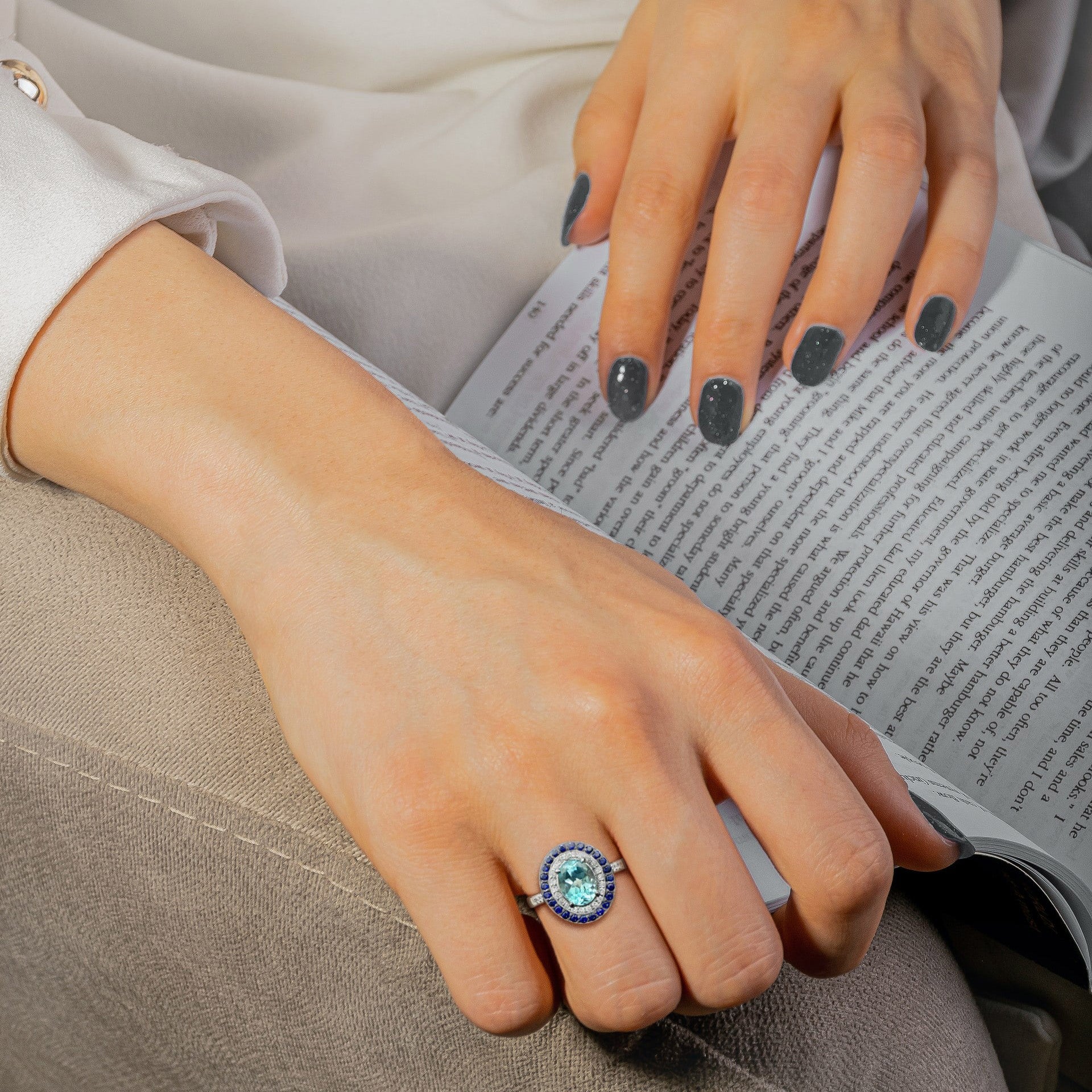 Art Deco Style Oval Blue Topaz Blue Sapphire Diamond Double Halo White Gold Ring