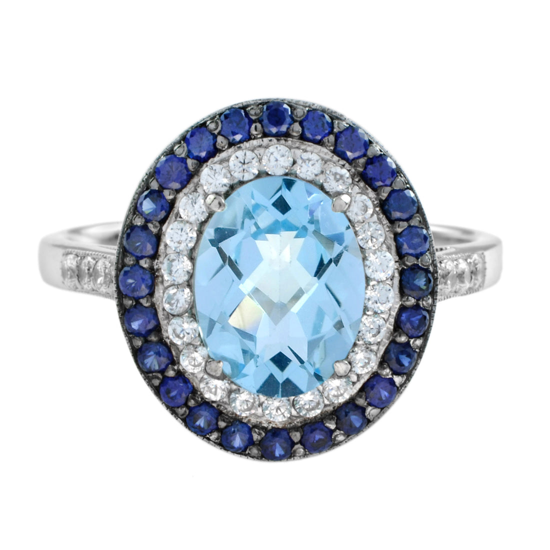 Art Deco Style Oval Blue Topaz Blue Sapphire Diamond Double Halo White Gold Ring