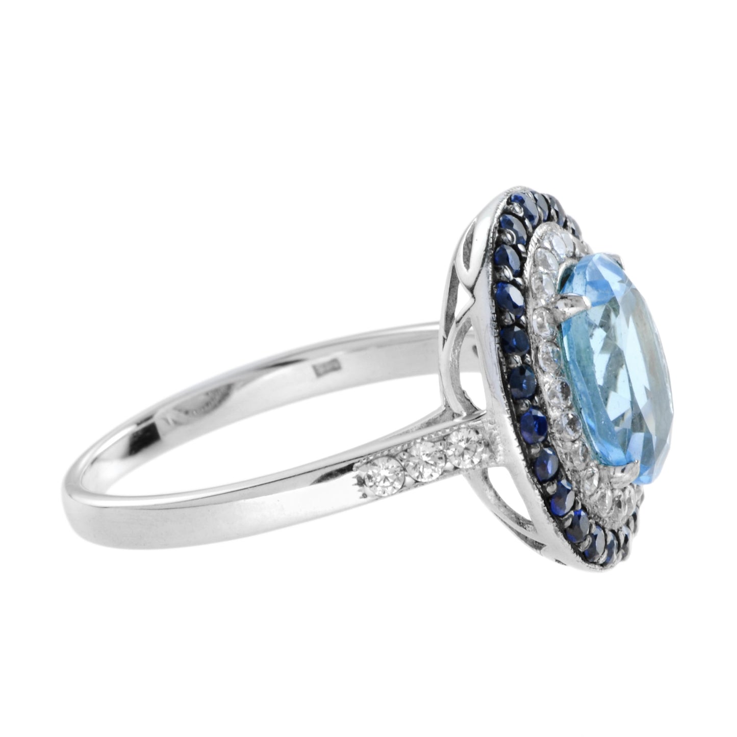 art deco style oval blue topaz blue sapphire diamond double halo white gold ring
