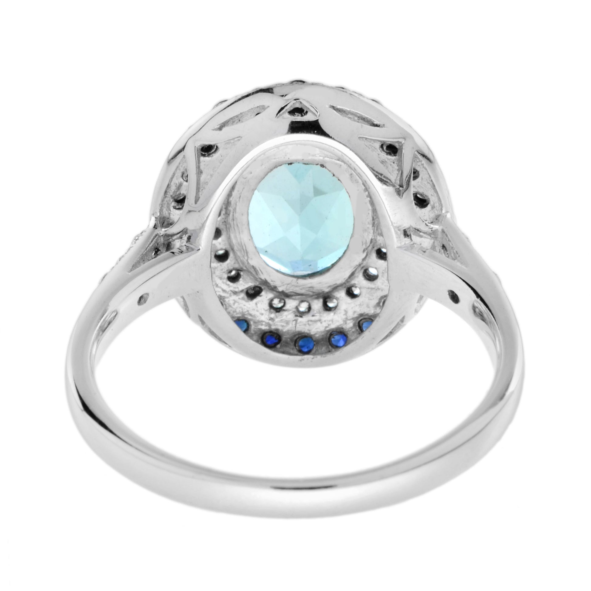 Art Deco Style Oval Blue Topaz Blue Sapphire Diamond Double Halo White Gold Ring
