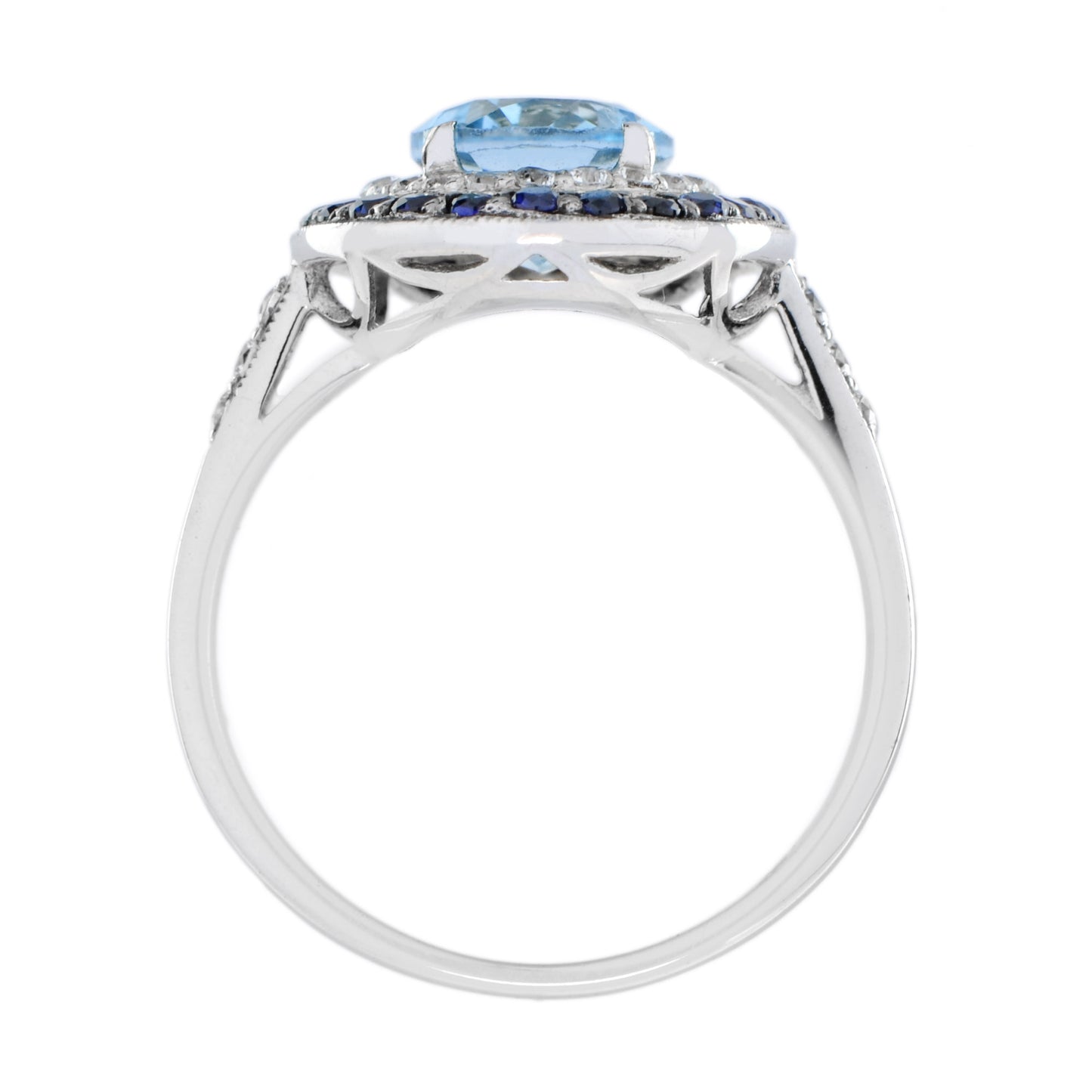 art deco style oval blue topaz blue sapphire diamond double halo white gold ring