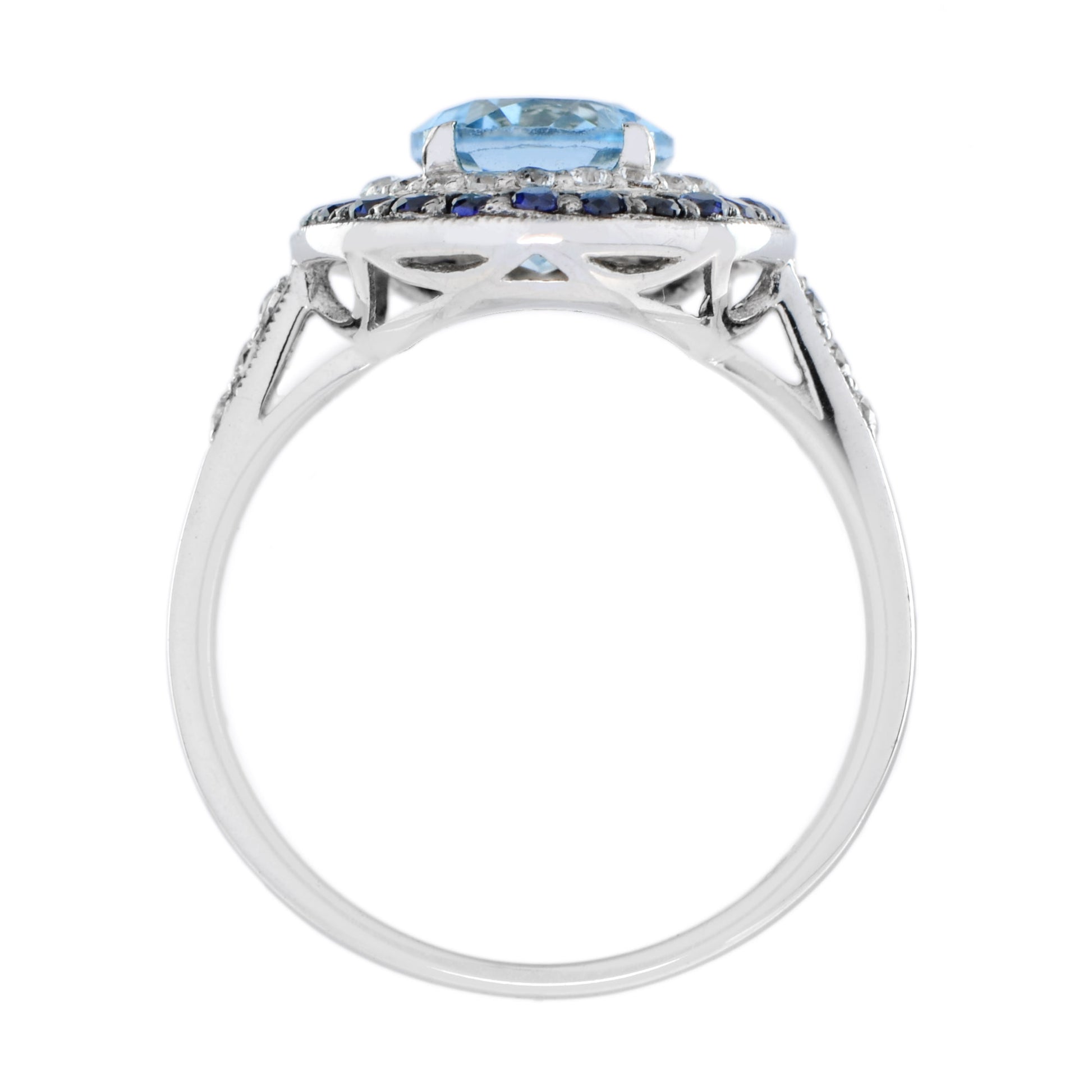 Art Deco Style Oval Blue Topaz Blue Sapphire Diamond Double Halo White Gold Ring
