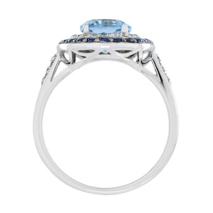 Art Deco Style Oval Blue Topaz Blue Sapphire Diamond Double Halo White Gold Ring
