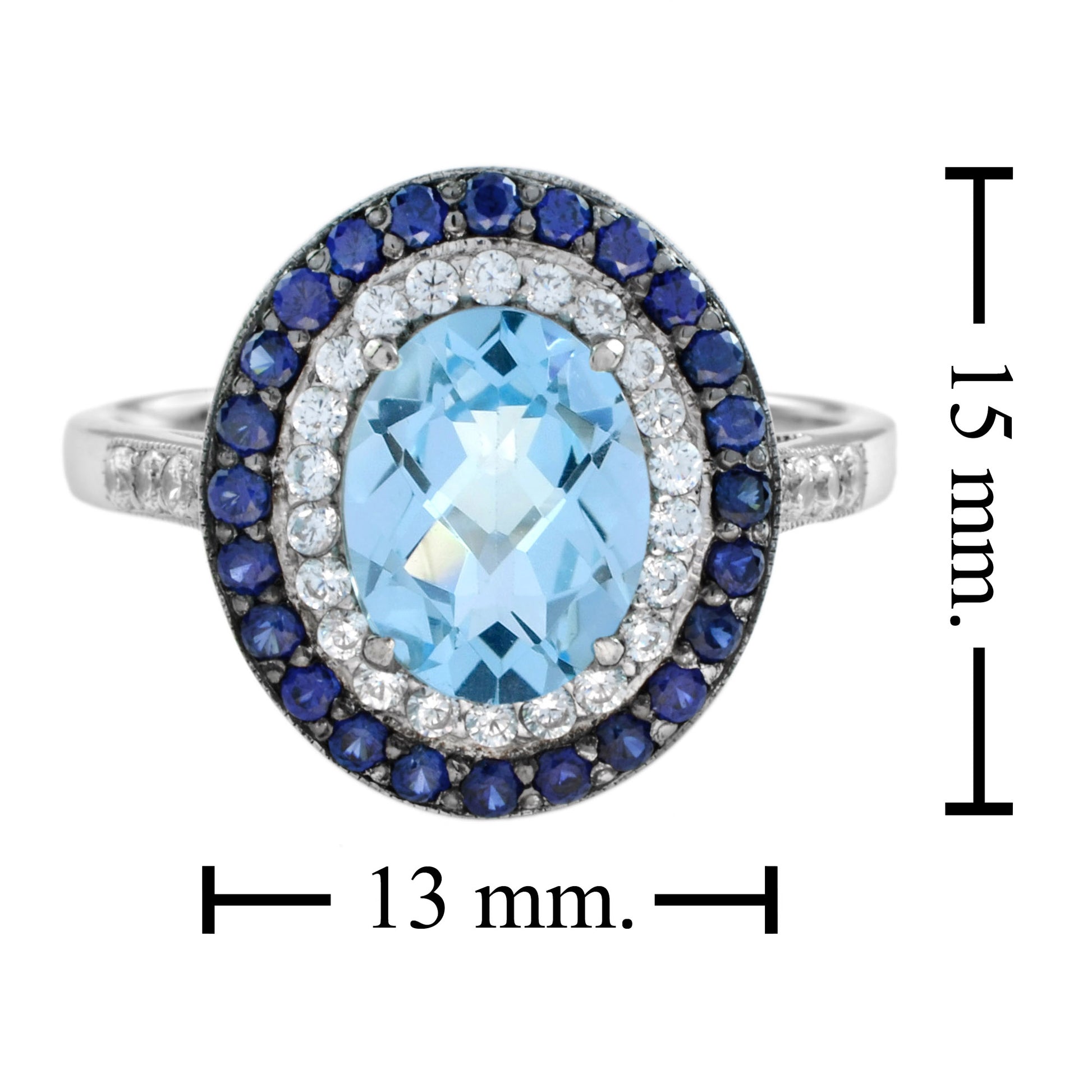 Art Deco Style Oval Blue Topaz Blue Sapphire Diamond Double Halo White Gold Ring
