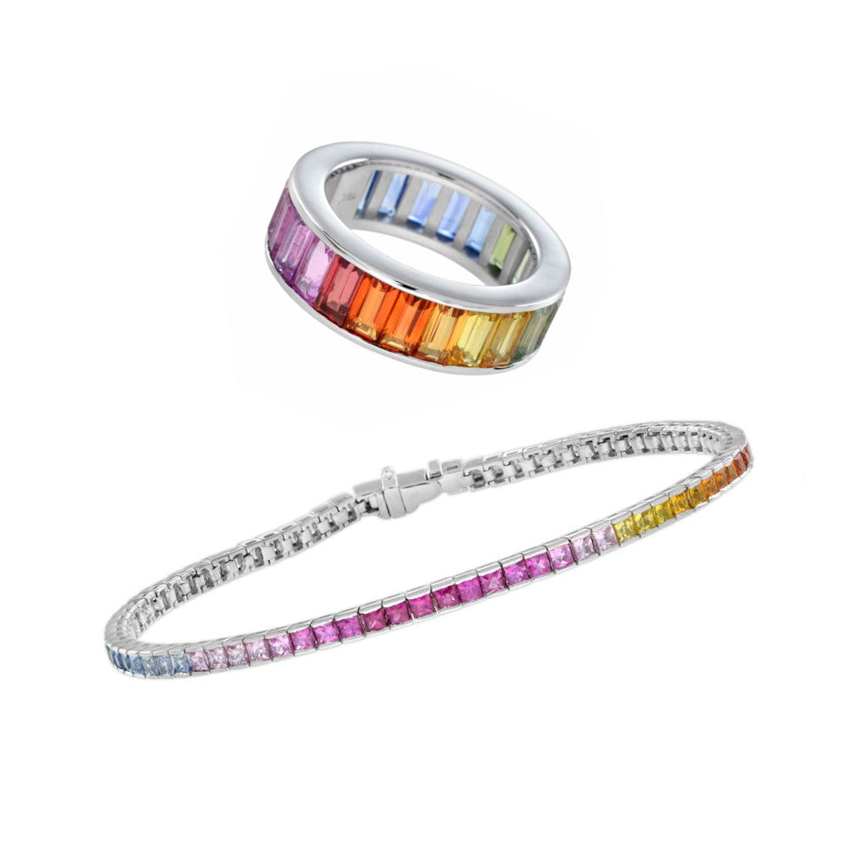 Rainbow Color Sapphires 18K White Gold Eternity Band Ring & Tennis Bracelet Set