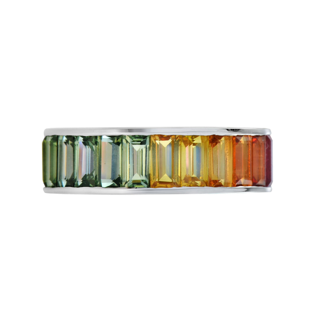 Rainbow Graduating Multicolor Baguette Sapphires Eternity Band White Gold Ring