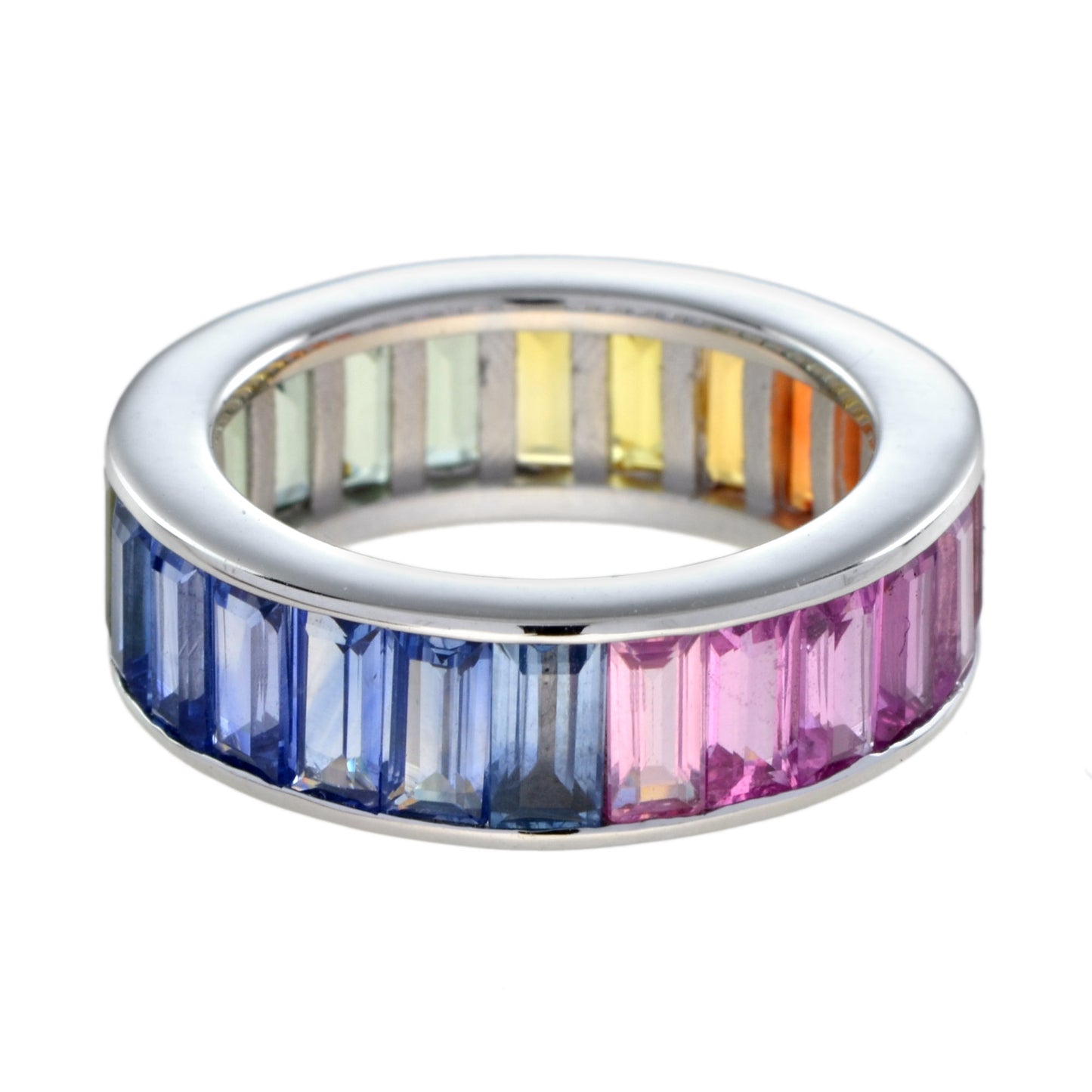 rainbow color sapphires 18k white gold eternity band ring & tennis bracelet set