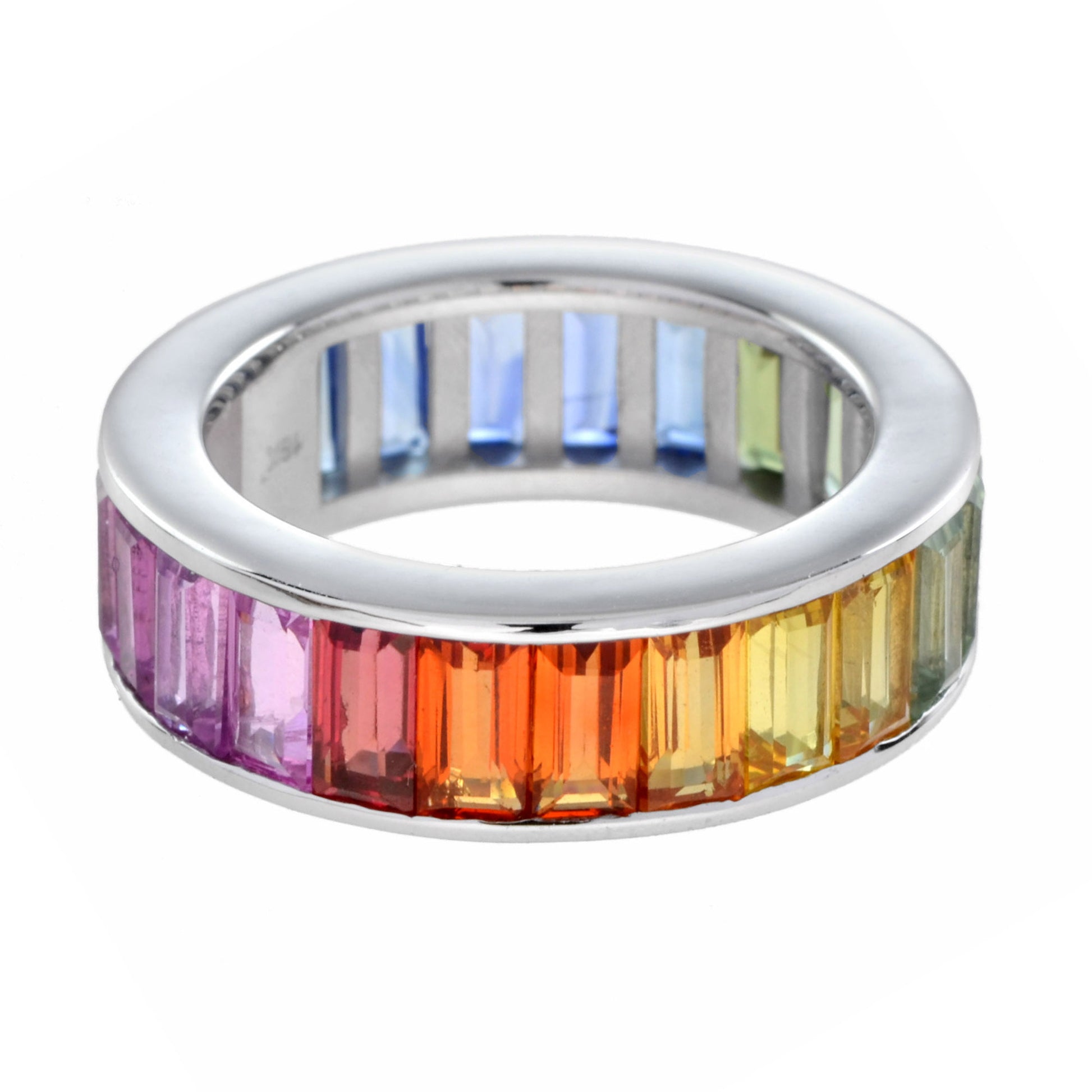 Rainbow Color Sapphires 18K White Gold Eternity Band Ring & Tennis Bracelet Set