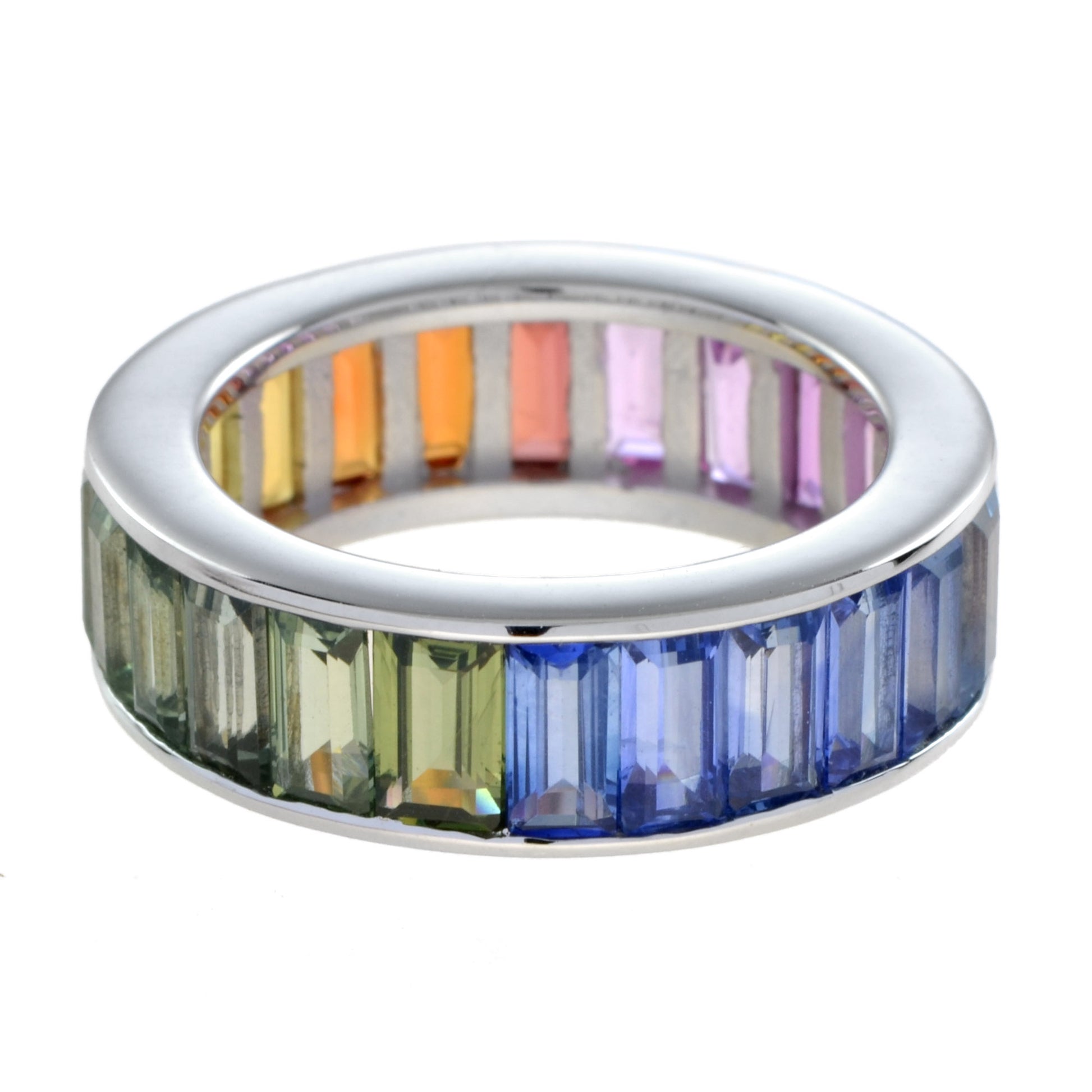 Rainbow Color Sapphires 18K White Gold Eternity Band Ring & Tennis Bracelet Set