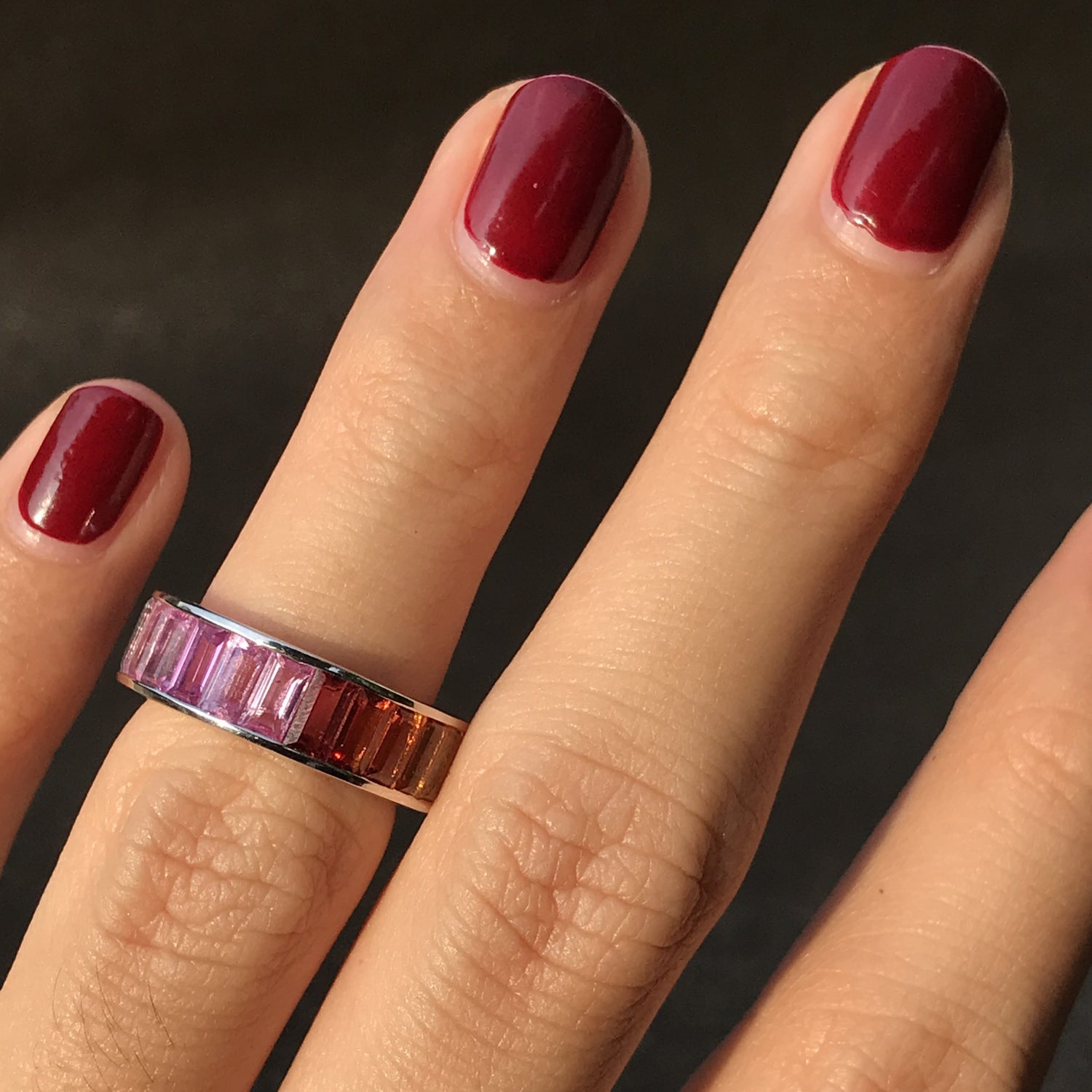 Rainbow Graduating Multicolor Baguette Sapphires Eternity Band White Gold Ring