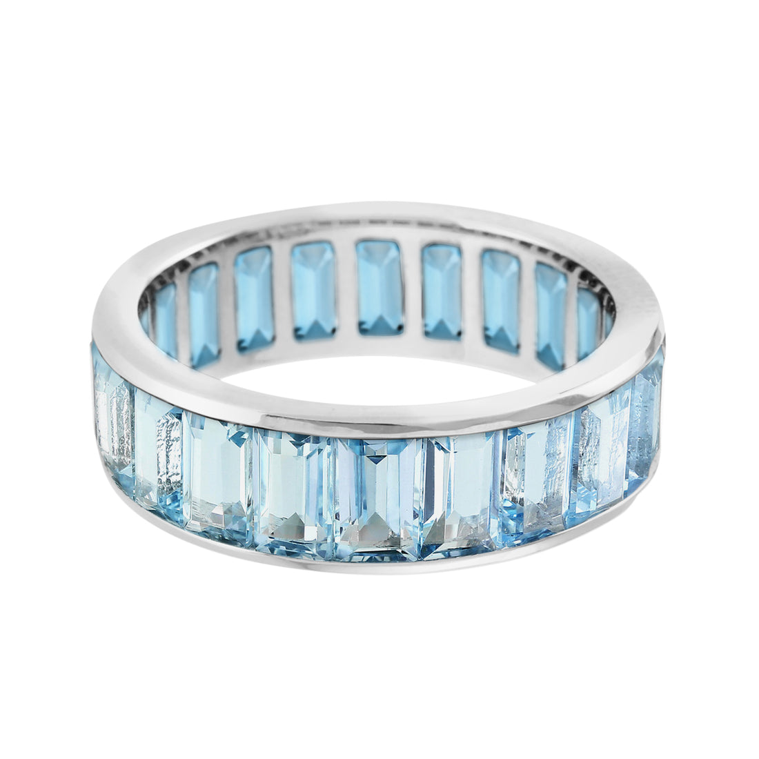 Seamless Baguette Blue Topaz Eternity Band 18K White Gold Ring