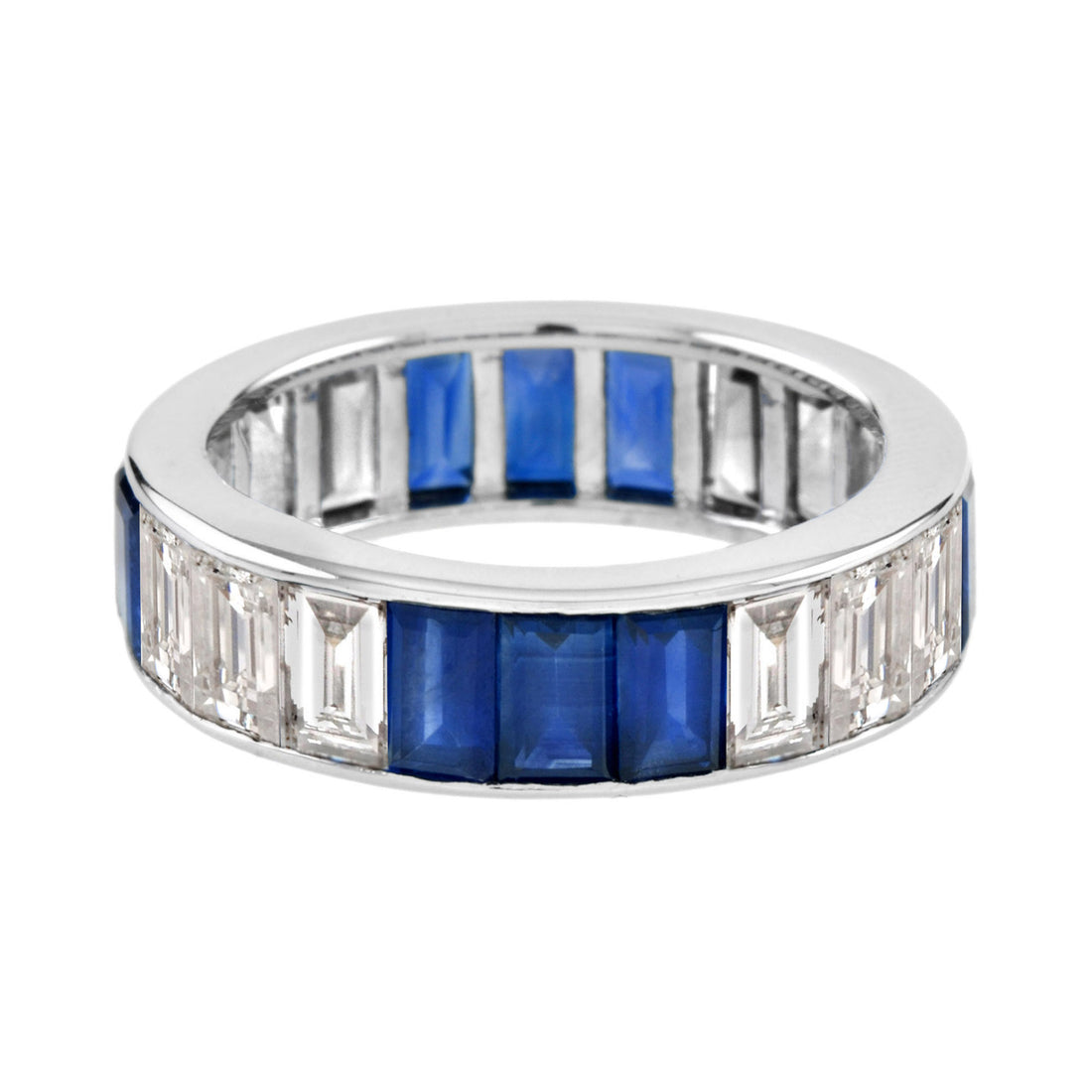 Baguette Diamond & Blue Sapphire Eternity Band Channel Set 18K White Gold Ring