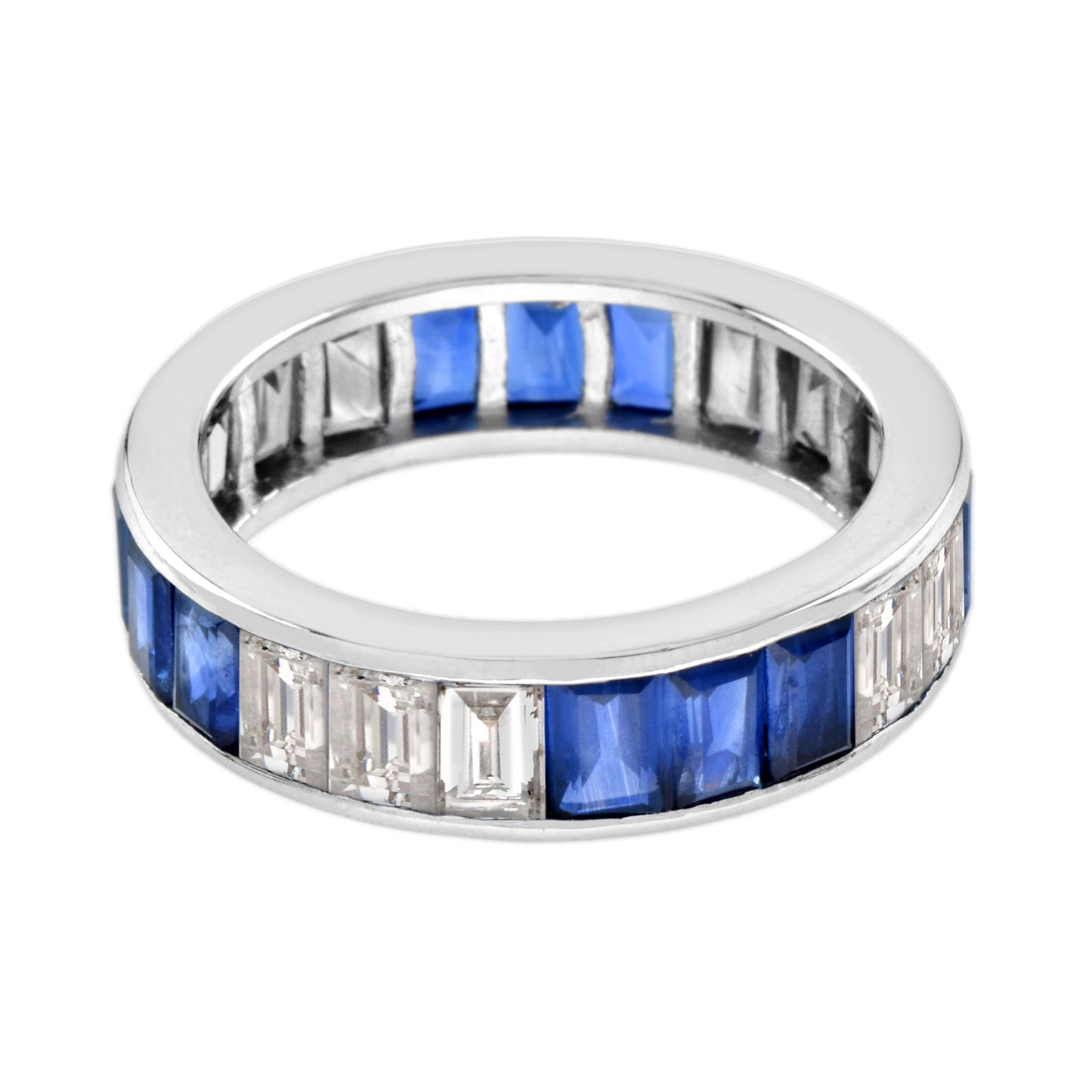 baguette diamond & blue sapphire eternity band channel set 18k white gold ring