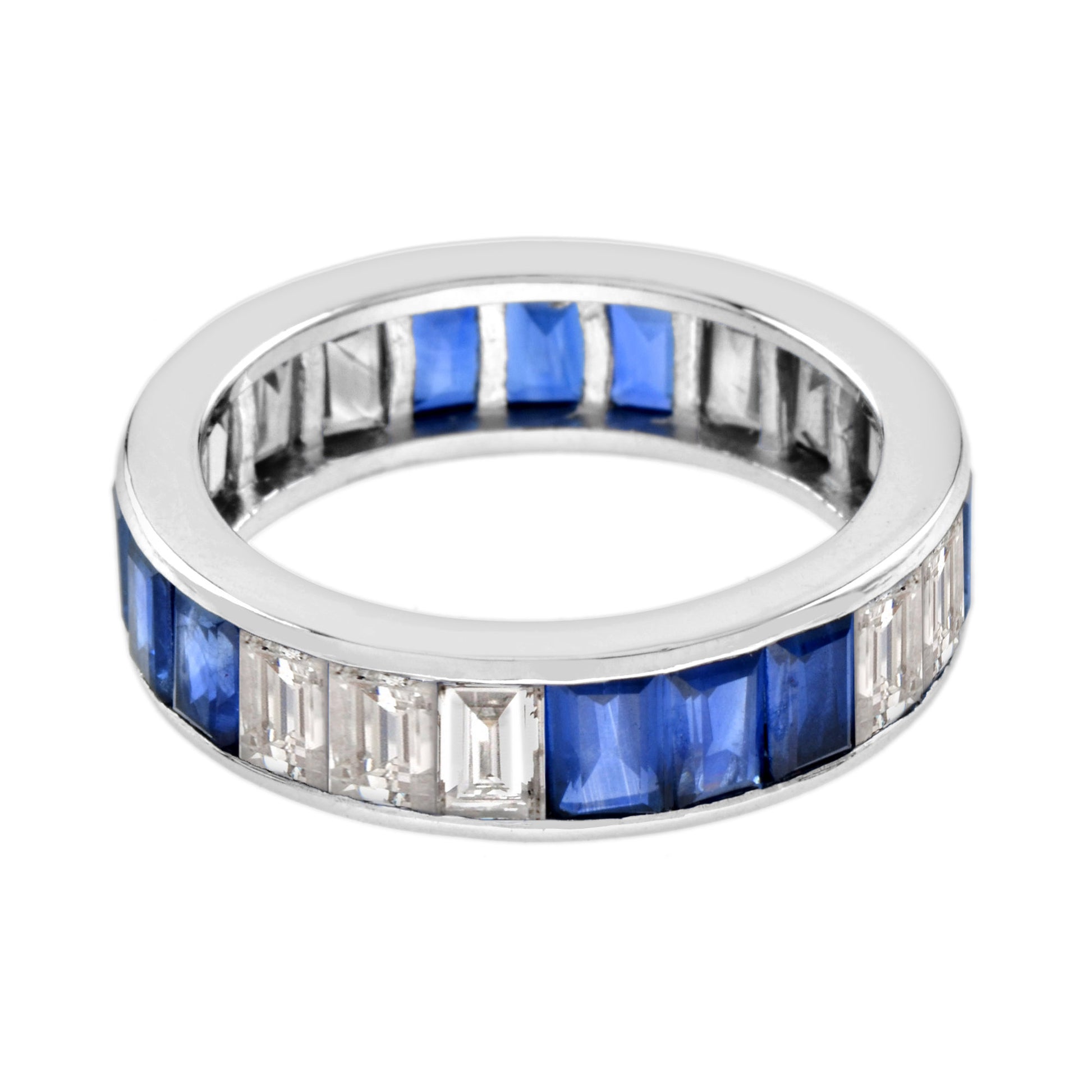 Baguette Diamond & Blue Sapphire Eternity Band Channel Set 18K White Gold Ring