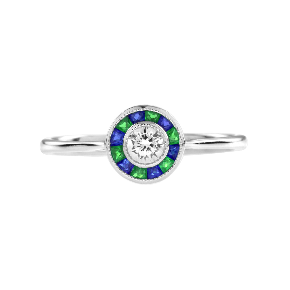 Art Deco Style Diamond with Green Emerald and Blue Sapphire White Gold Ring