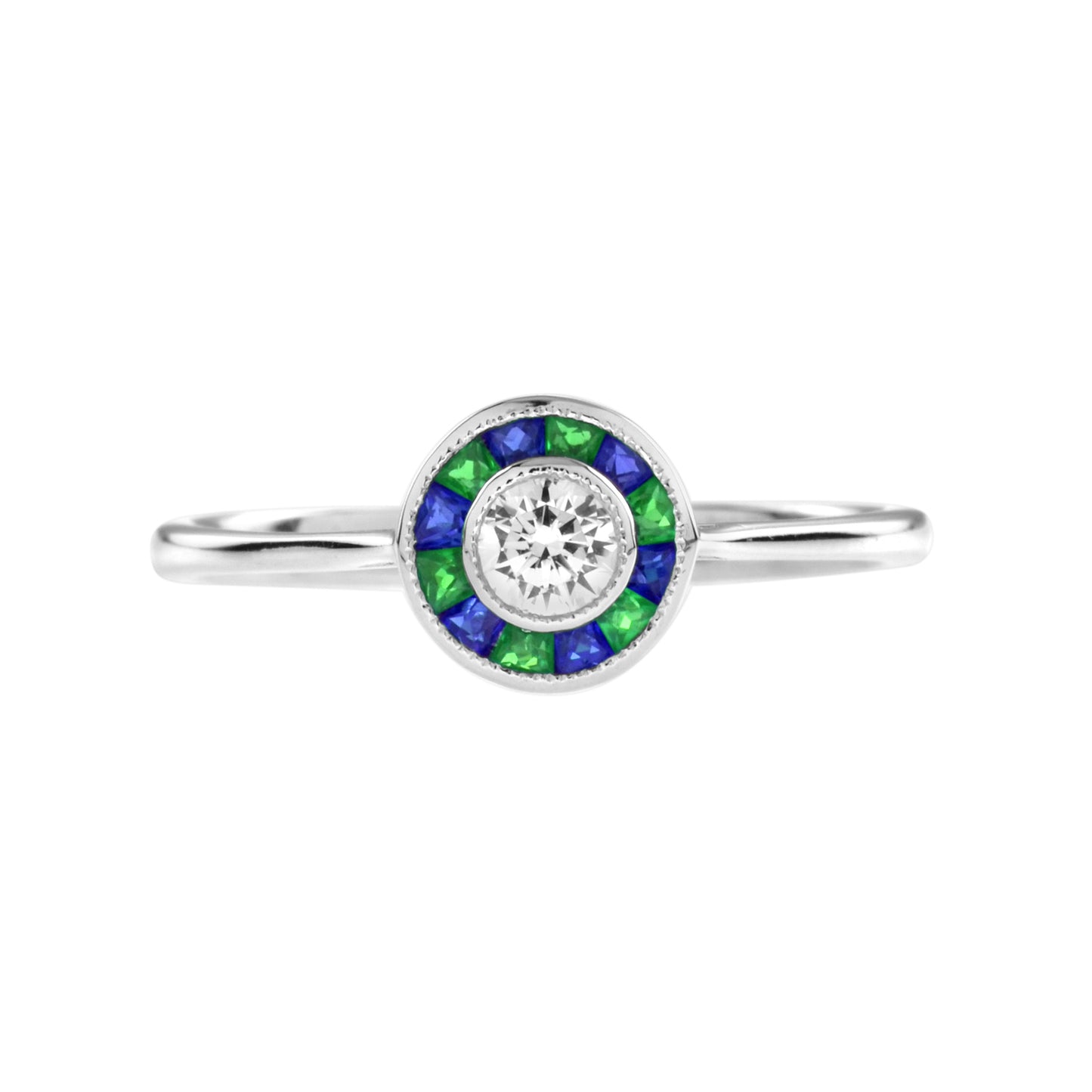 art deco style diamond with green emerald and blue sapphire white gold ring