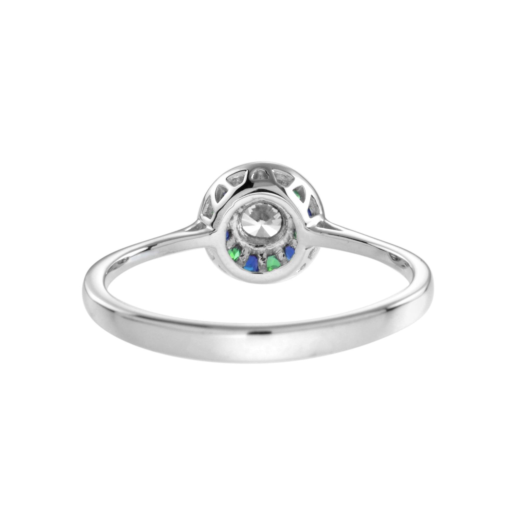 Art Deco Style Diamond with Green Emerald and Blue Sapphire White Gold Ring