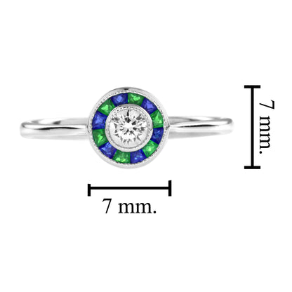 Art Deco Style Diamond with Green Emerald and Blue Sapphire White Gold Ring