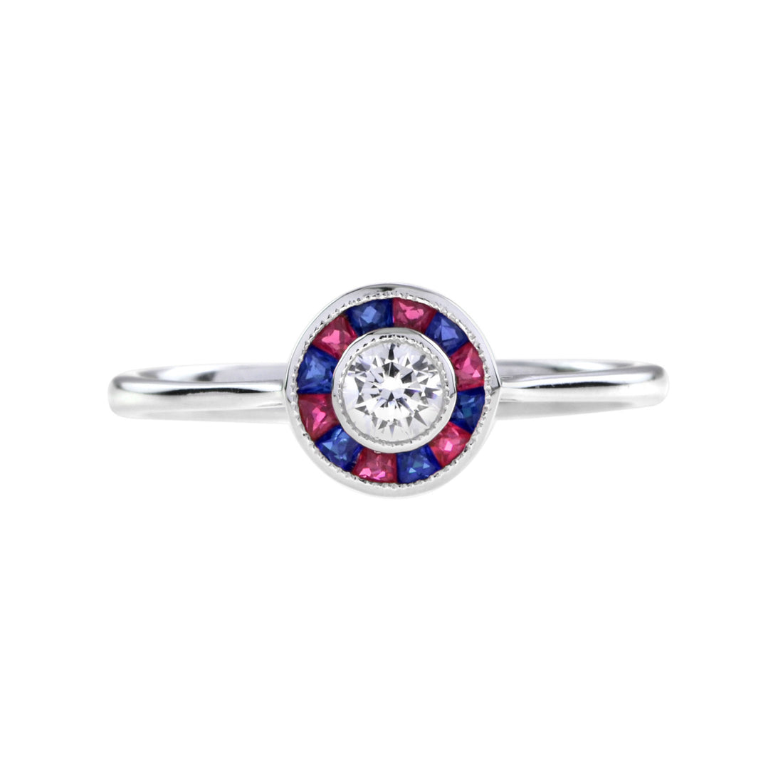 Art Deco Style Diamond & Red Ruby Blue Sapphire Halo Set 14K White Gold Ring