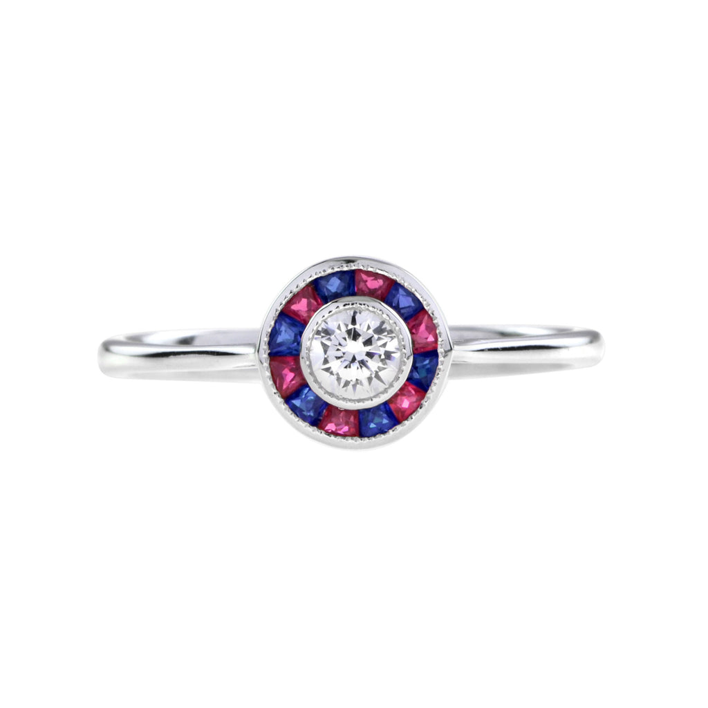 Art Deco Style Diamond & Red Ruby Blue Sapphire Halo Set 14K White Gold Ring