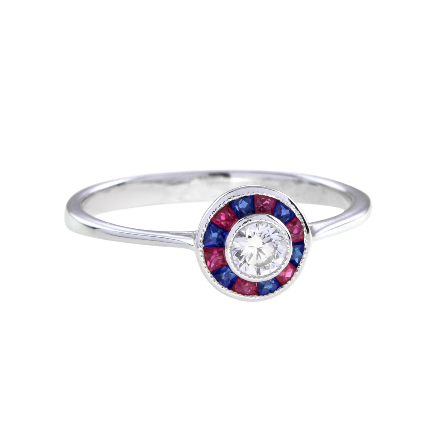 art deco style diamond & red ruby blue sapphire halo set 14k white gold ring
