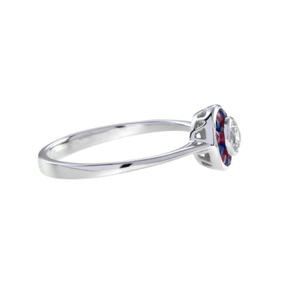 Art Deco Style Diamond & Red Ruby Blue Sapphire Halo Set 14K White Gold Ring