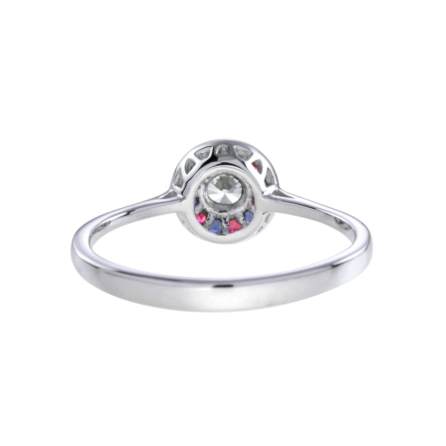 art deco style diamond & red ruby blue sapphire halo set 14k white gold ring