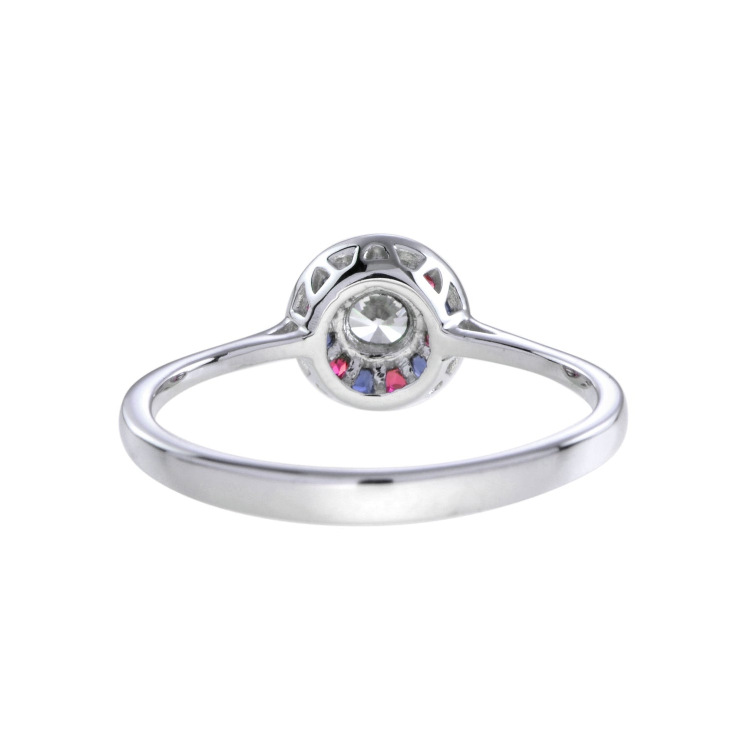 Art Deco Style Diamond &amp; Red Ruby Blue Sapphire Halo Set 14K White Gold Ring