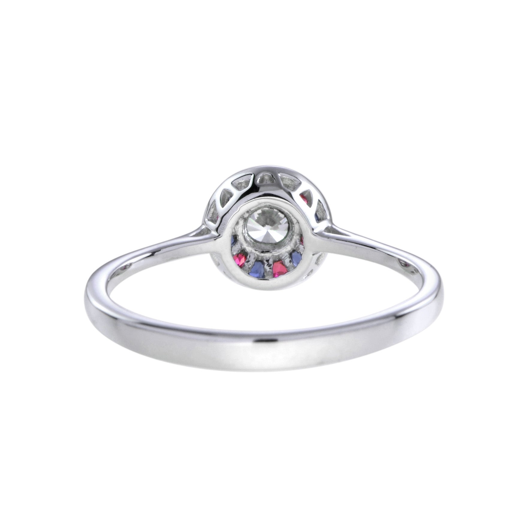 Art Deco Style Diamond & Red Ruby Blue Sapphire Halo Set 14K White Gold Ring