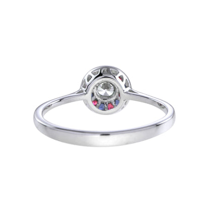 Art Deco Style Diamond & Red Ruby Blue Sapphire Halo Set 14K White Gold Ring