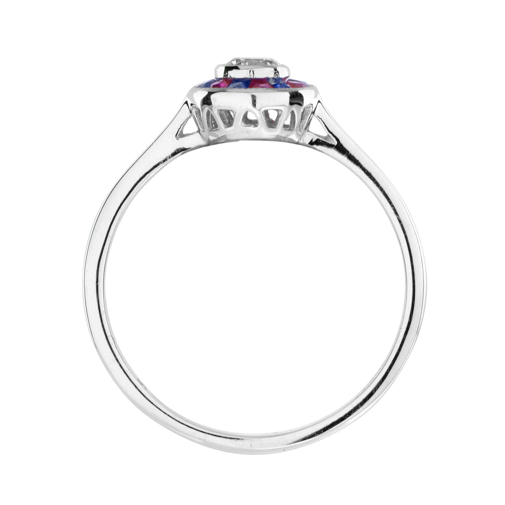 Art Deco Style Diamond & Red Ruby Blue Sapphire Halo Set 14K White Gold Ring