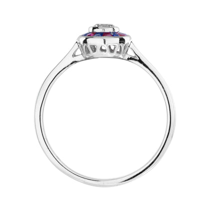 Art Deco Style Diamond & Red Ruby Blue Sapphire Halo Set 14K White Gold Ring