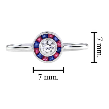 Art Deco Style Diamond & Red Ruby Blue Sapphire Halo Set 14K White Gold Ring