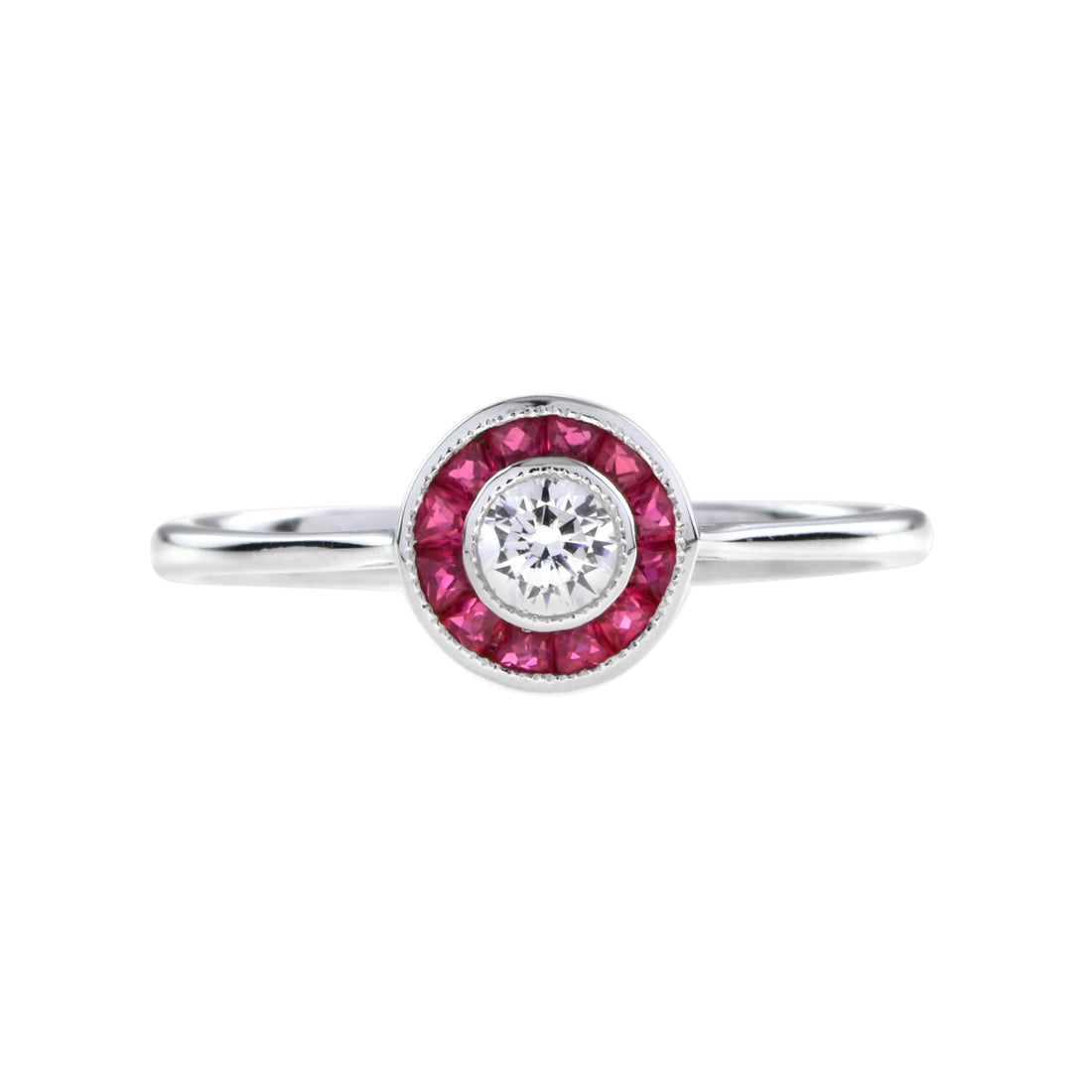 Art Deco Style Diamond & Red Pink Ruby Halo Vintage Inspired White Gold Ring