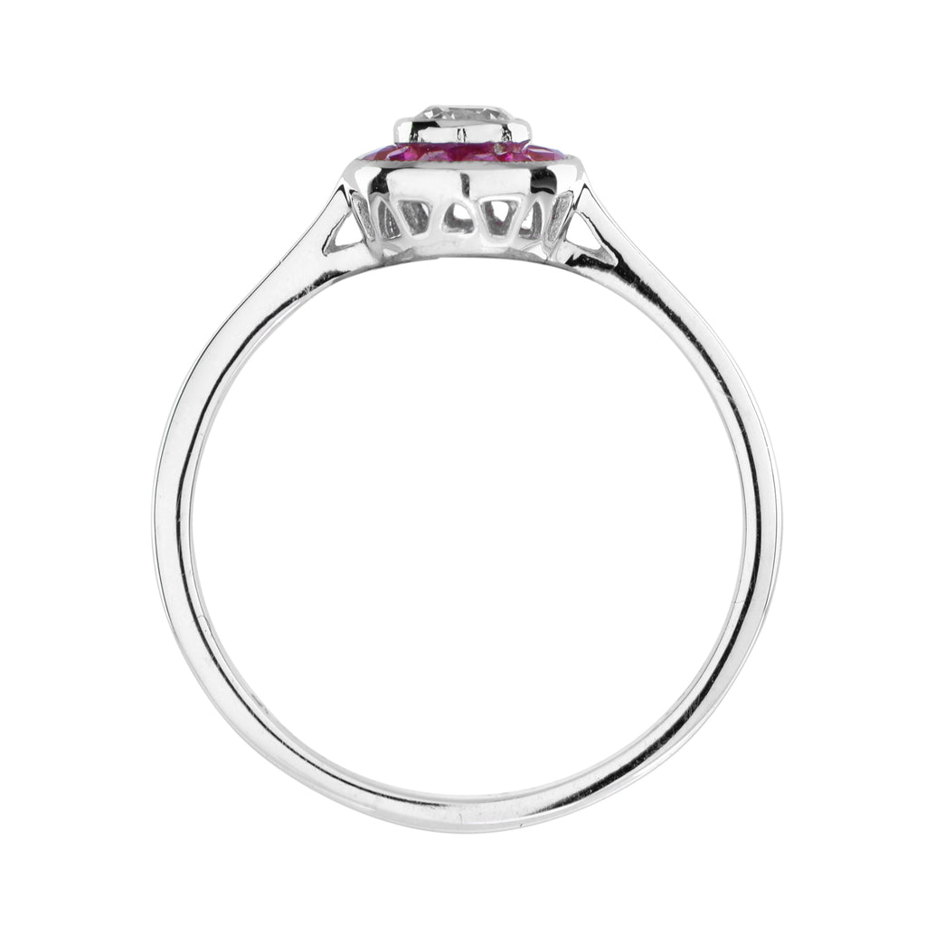 Art Deco Style Diamond & Red Pink Ruby Halo Vintage Inspired White Gold Ring