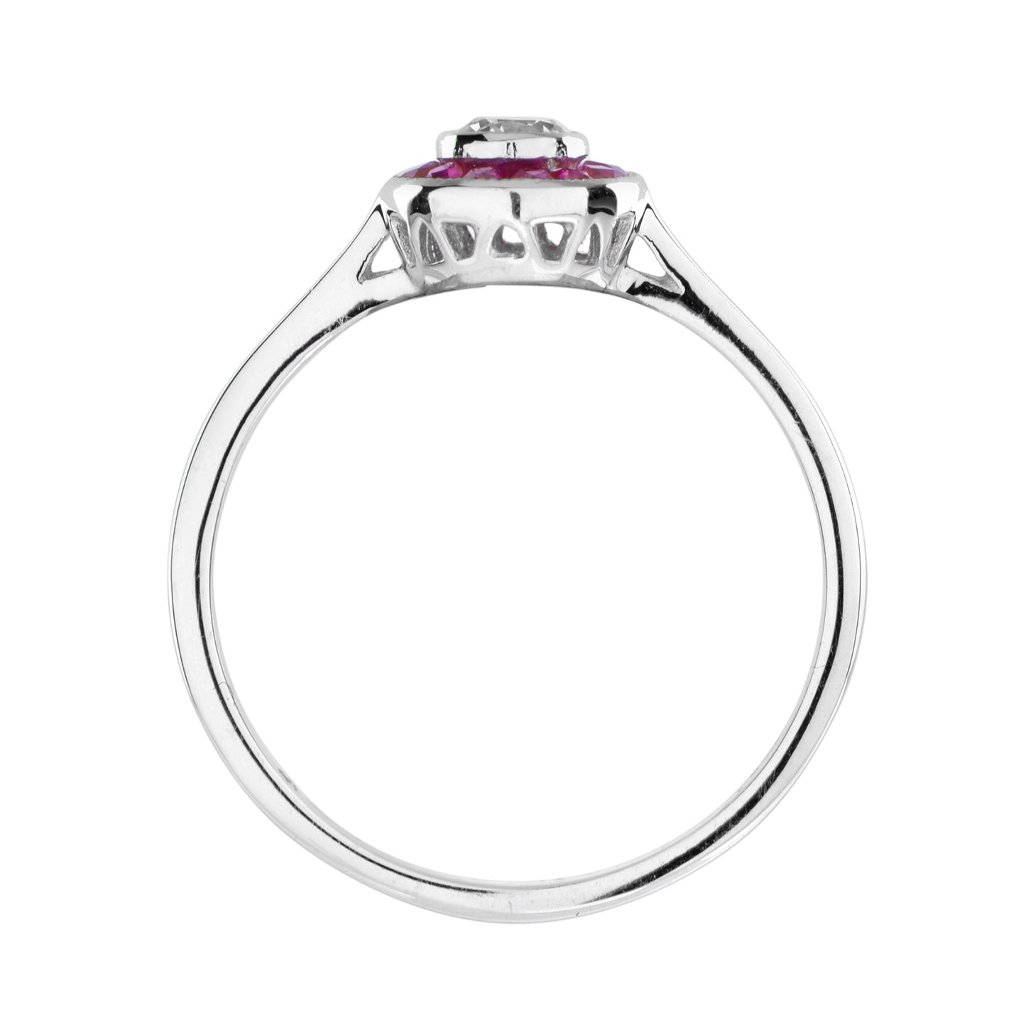 art deco style diamond & red pink ruby halo vintage inspired white gold ring