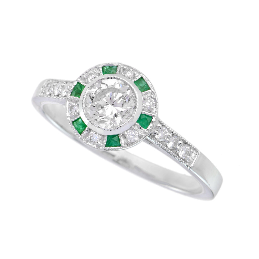 Art Deco Style Diamond & Green Emerald Engagement Halo 18K White Gold Ring