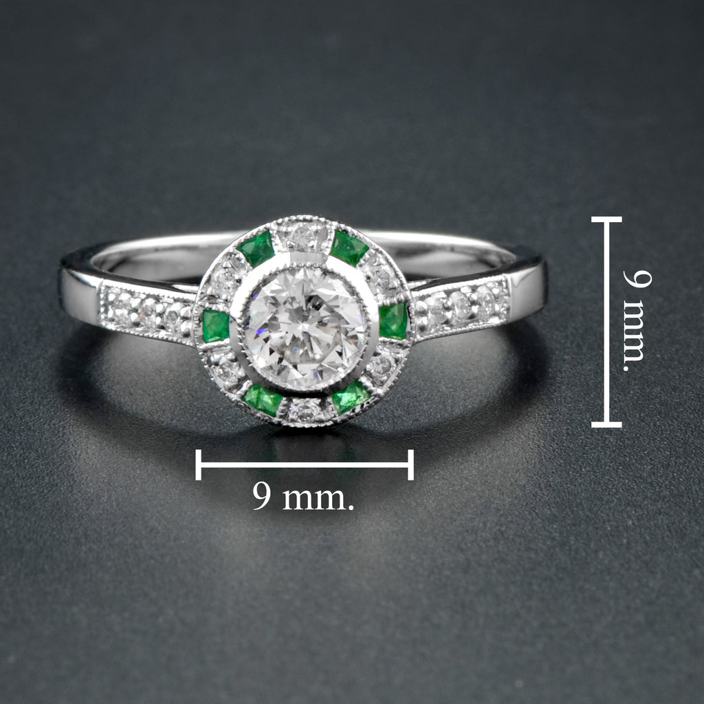 Art Deco Style Diamond & Green Emerald Engagement Halo 18K White Gold Ring