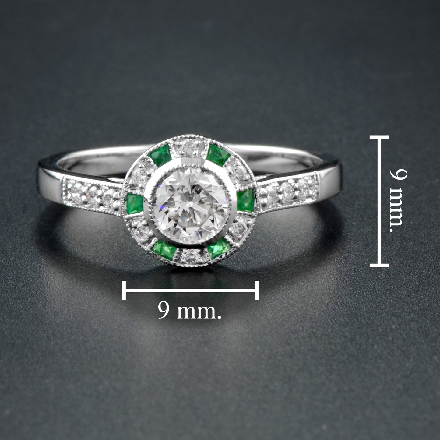 art deco style diamond & green emerald engagement halo 18k white gold ring