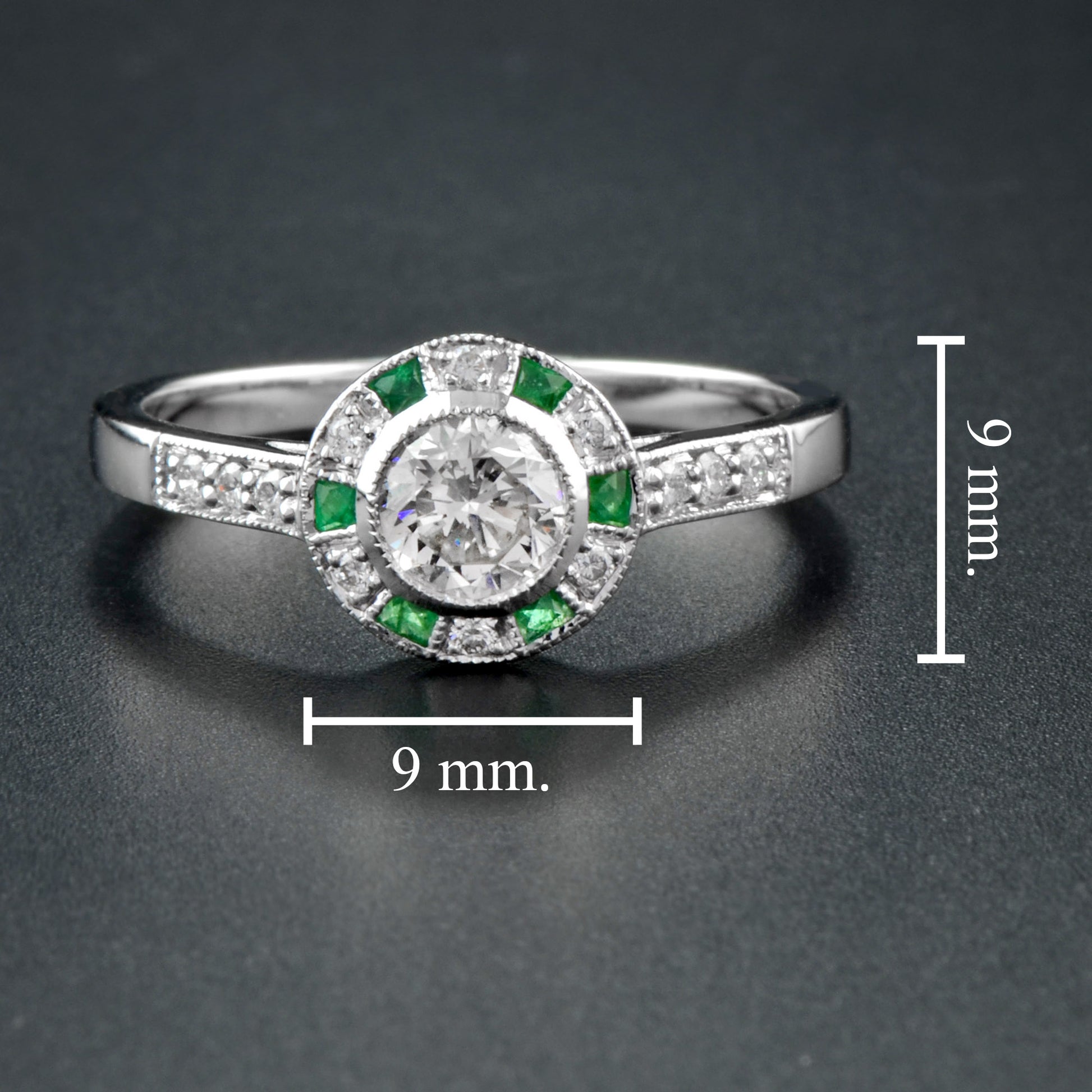 Art Deco Style Diamond & Green Emerald Engagement Halo 18K White Gold Ring