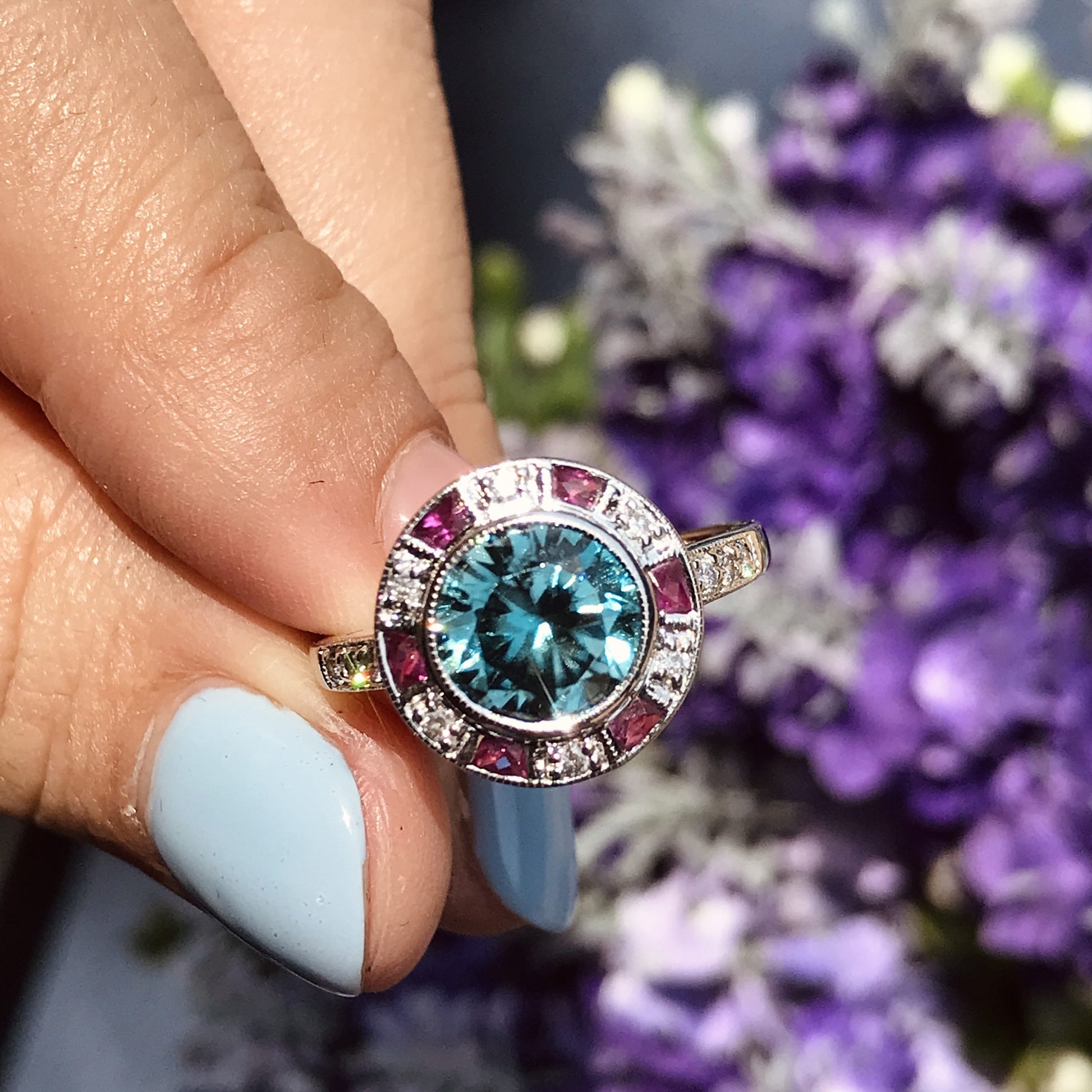 Certified Blue Zircon & Diamond Ruby Art Deco Style Halo Set 14K White Gold Ring
